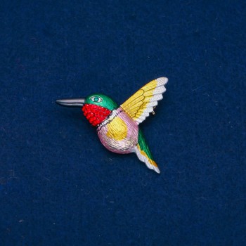 Bird Brooch with Enamel and Green and Red Rhinestones, Gold-tone Metal, 37x44mm
