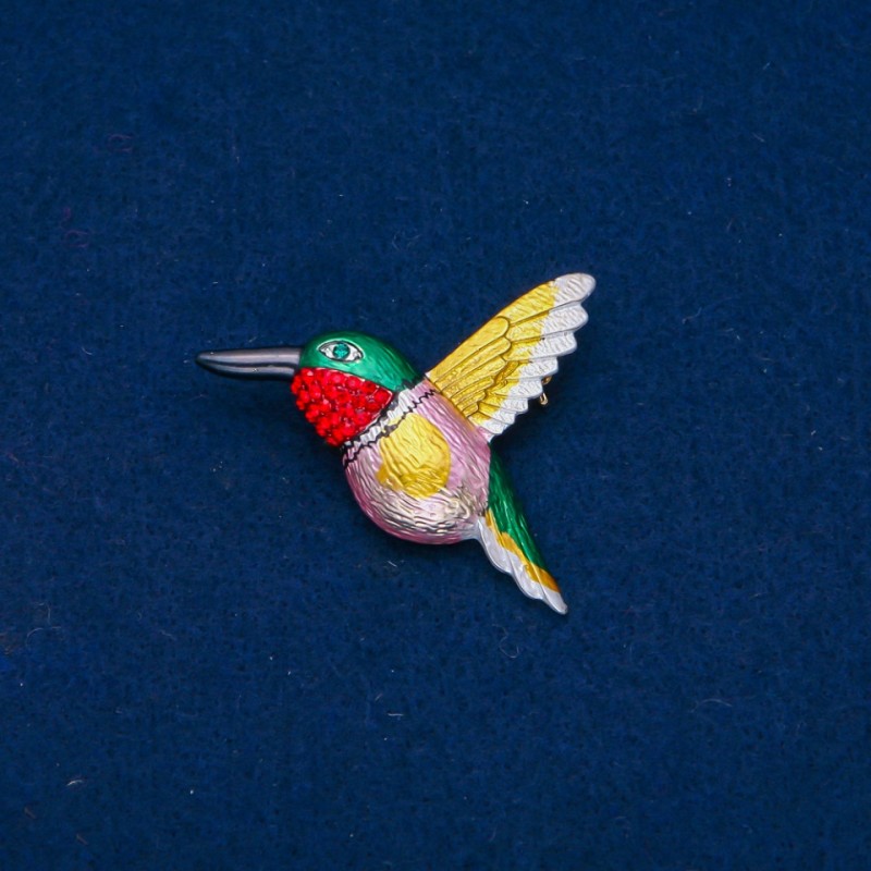 Bird Brooch with Enamel and Green and Red Rhinestones, Gold-tone Metal, 37x44mm