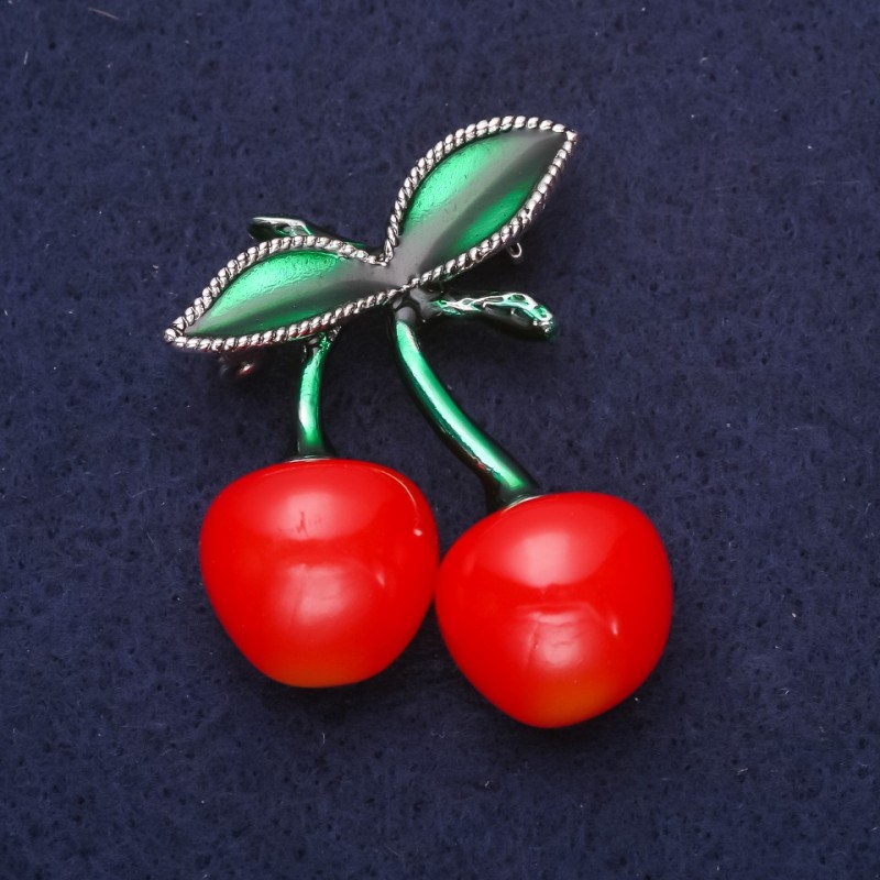 Cherries Brooch, Red Green Enamel, 45x34mm Silver-tone Metal