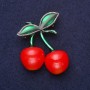Cherries Brooch, Red Green Enamel, 45x34mm Silver-tone Metal