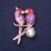 Parrots Brooch with Pearl Bead on a Branch, Enamel, Rhinestones, Lilac Violet Pink White Colour, 49x28mm, Gold-tone Metal