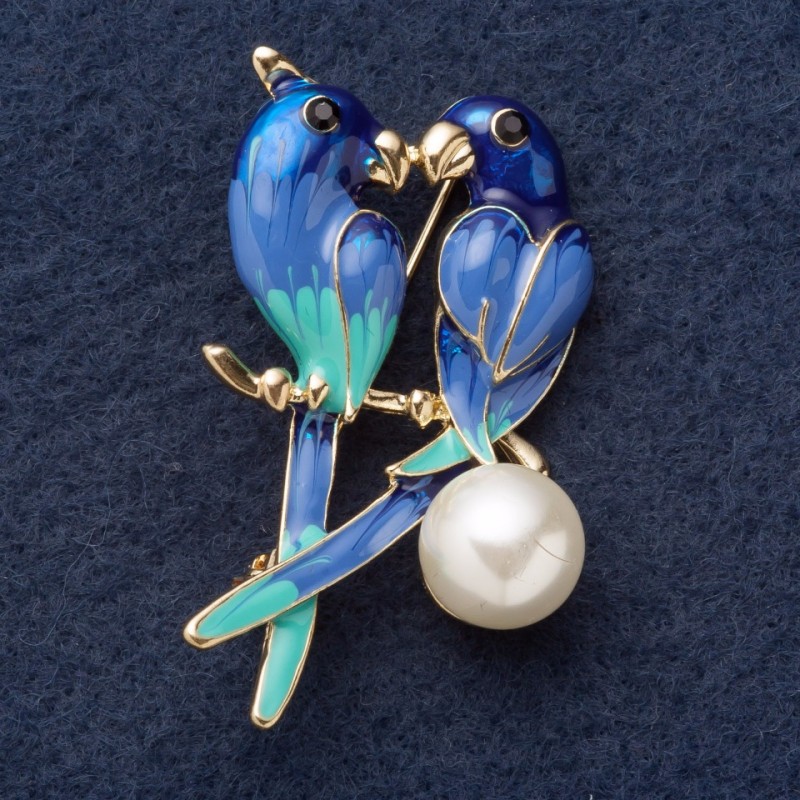 Brooch "Pair of Parrots" 5.5x2cm Light Blue Enamel, Yellow Metal
