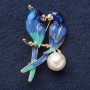 Brooch "Pair of Parrots" 5.5x2cm Light Blue Enamel, Yellow Metal