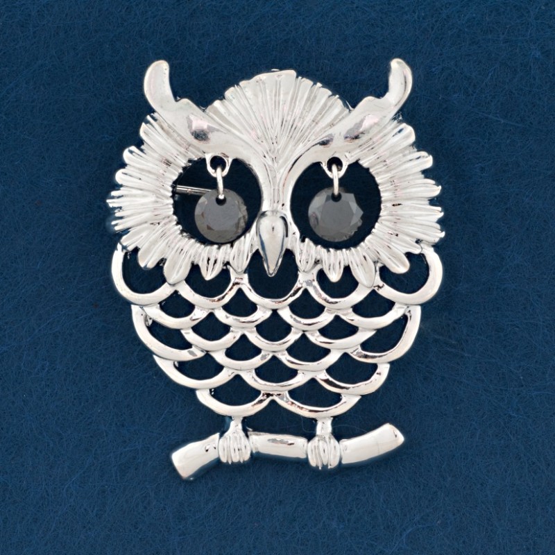 Openwork Owl Brooch Grey Metal 40x32mm