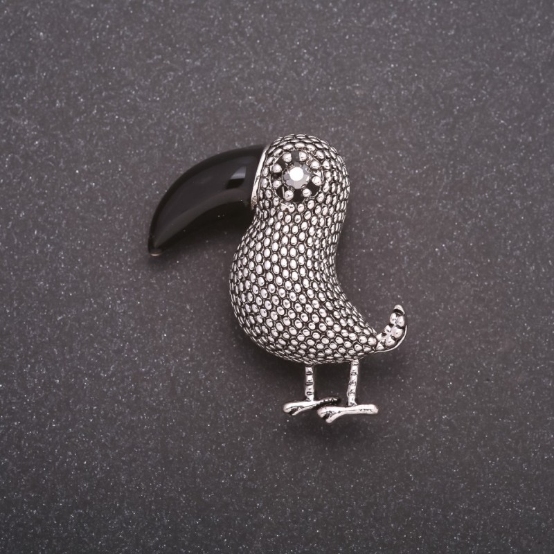 Bird Brooch, Grey Metal, 39x36mm
