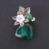 Pearl Flower Flora Brooch, Jade (imit.) Bead, Agate Cabochon, Silver-Tone Metal