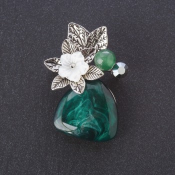Pearl Flower Flora Brooch, Jade (imit.) Bead, Agate Cabochon, Silver-Tone Metal