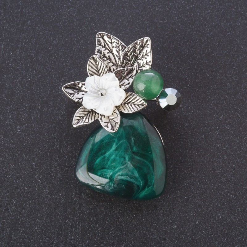 Pearl Flower Flora Brooch, Jade (imit.) Bead, Agate Cabochon, Silver-Tone Metal