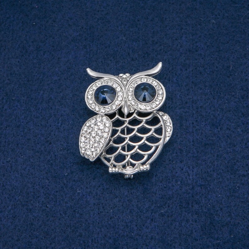 Owl Brooch, White Rhinestones, Blue Crystals, Silver-tone Metal, 43x35mm +
