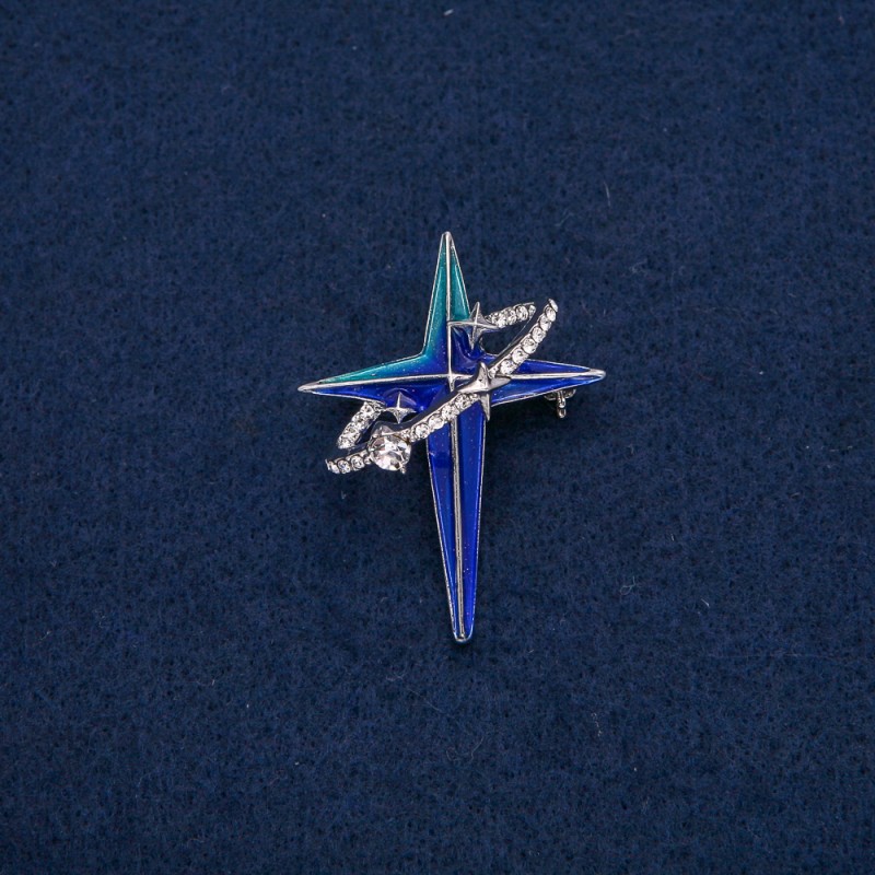 Star in Oval Ring Brooch-Pendant Silver-Tone Metal with White Rhinestones and Blue Turquoise Enamel 45x33mm +