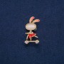 Bunny on a Scooter Brooch with White Rhinestones, Gold-Tone Metal, Red Enamel, Beige Cat's Eye Cabochon, 43x21mm +