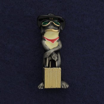 Frog with Suitcase Brooch-Pendant, Gold-Tone Metal, Grey Enamel, 45x18mm +