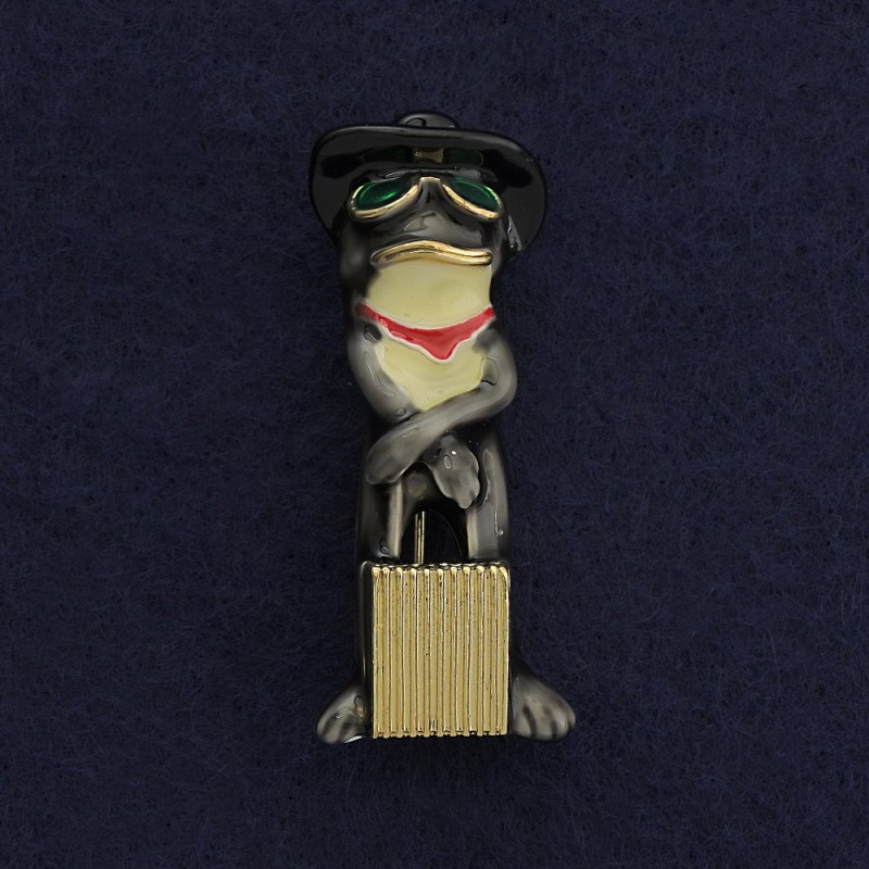 Frog with Suitcase Brooch-Pendant, Gold-Tone Metal, Grey Enamel, 45x18mm +