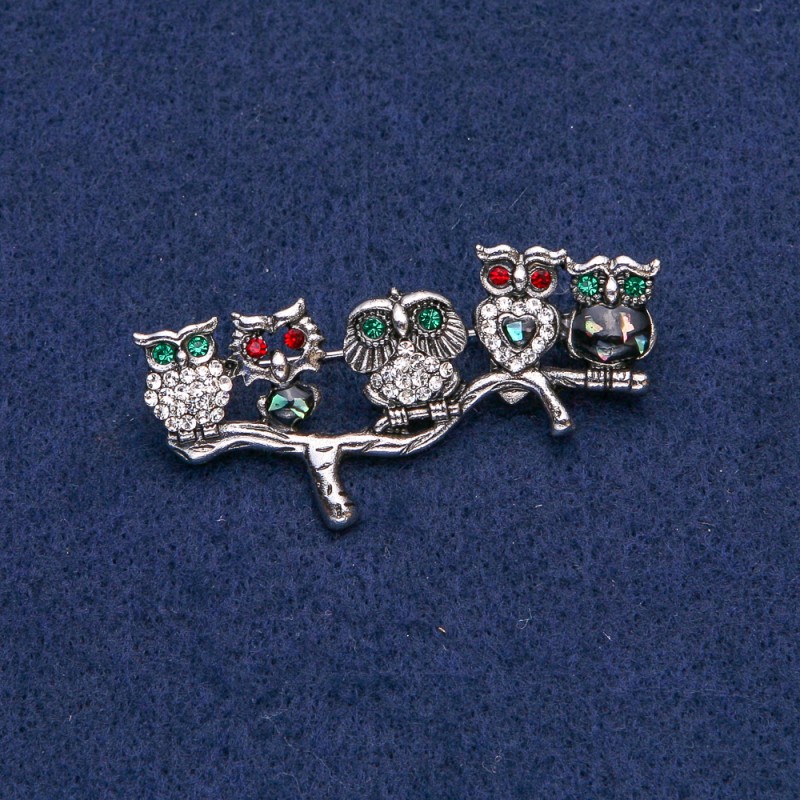 Owl Brooch, silver metal with white, red, green rhinestones and Abalone, 52x33mm+