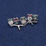 Owl Brooch, silver metal with white, red, green rhinestones and Abalone, 52x33mm+