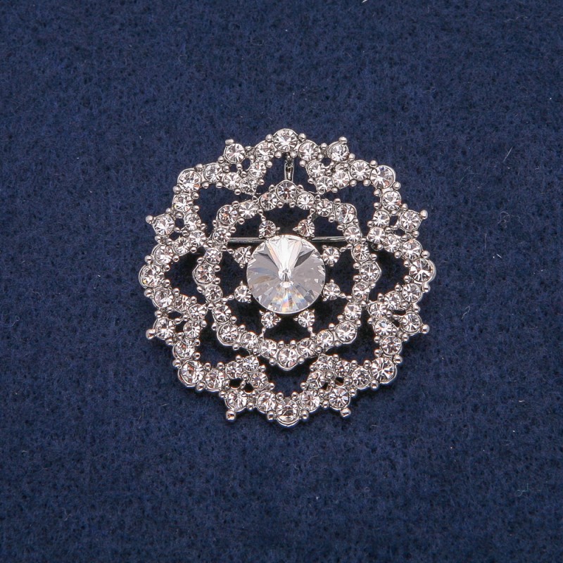 Silver-Tone Metal Brooch with White Crystals, 40x40mm