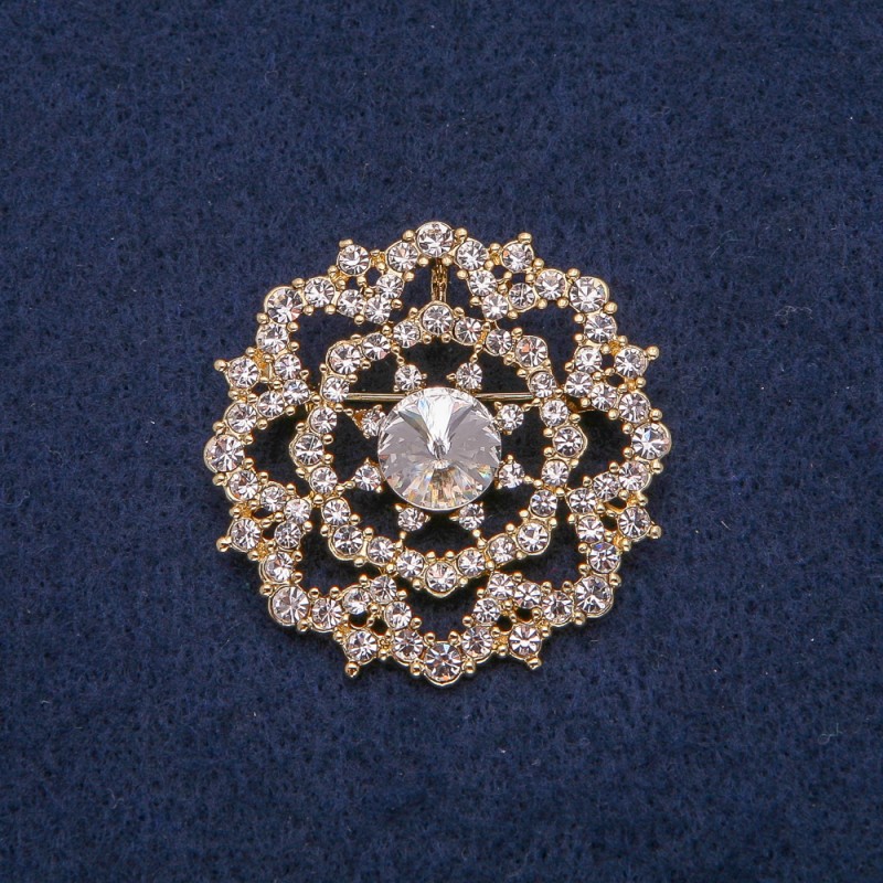 Brooch Gold-Tone Metal with White Rhinestones 40x40mm