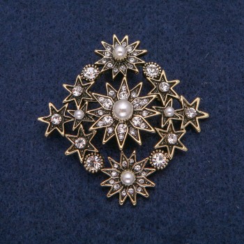 Accent Brooch with Beads and Rhinestones Gold-Tone Metal 53x53mm