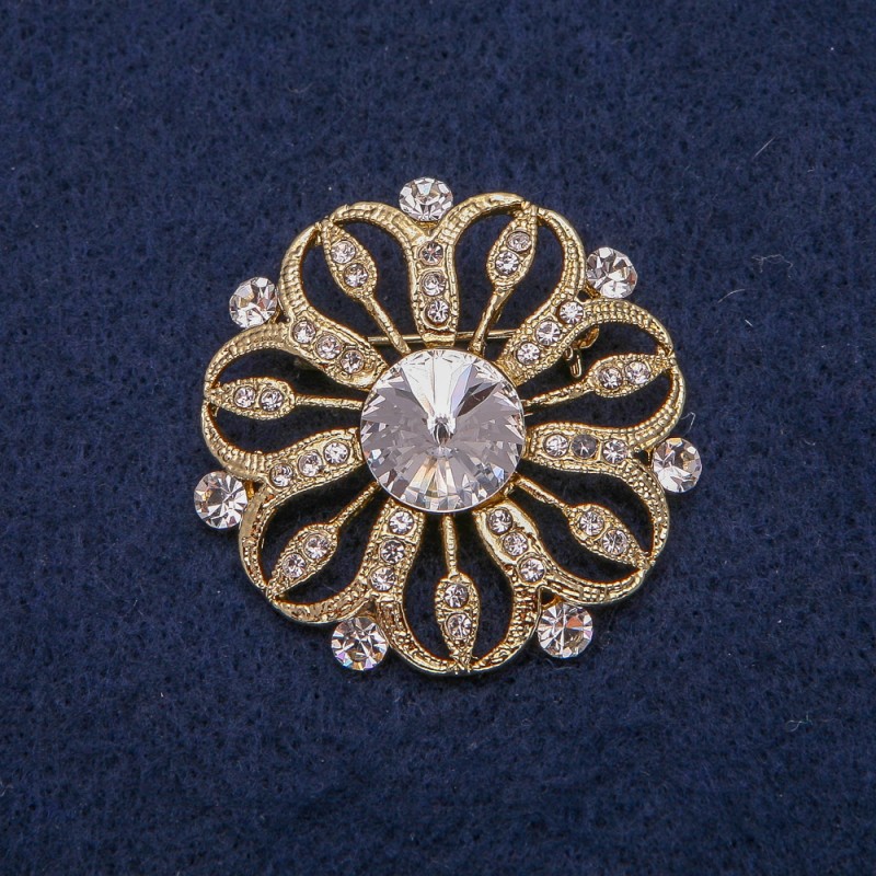 Flower Brooch Gold-Tone Metal with White Rhinestones 38x38mm