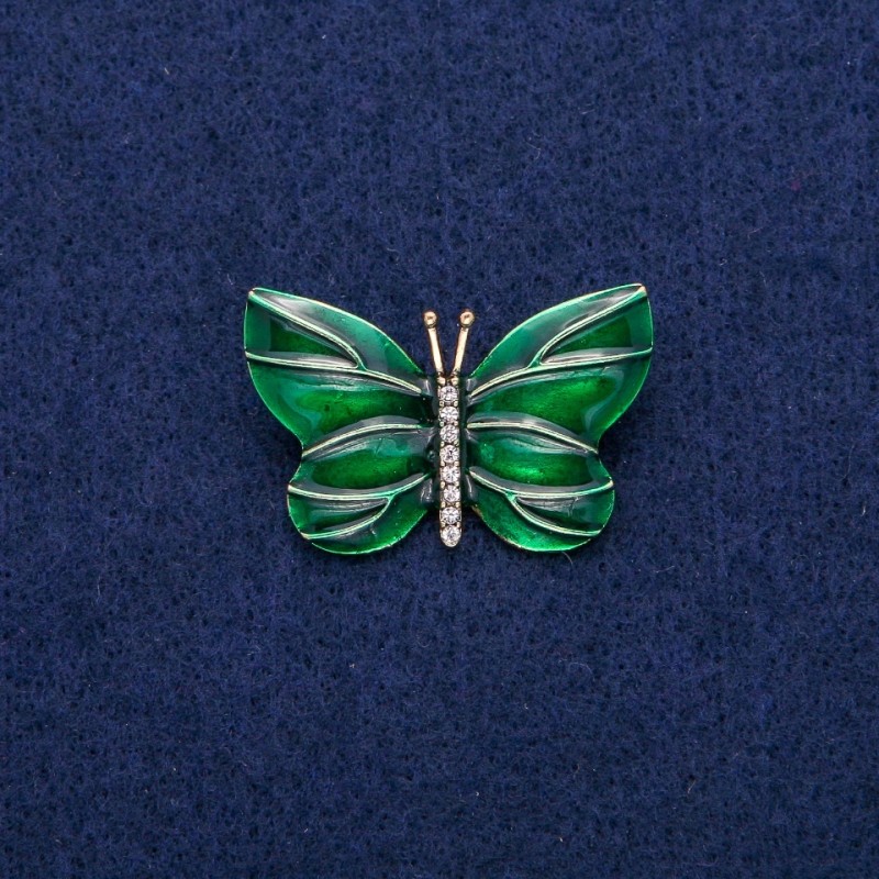 Butterfly Brooch with Green Enamel and Rhinestones 22x33mm, Gold-Tone Metal