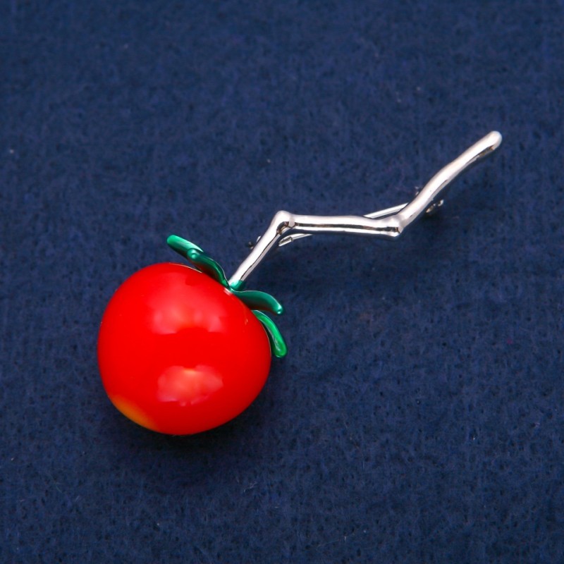 Cherry Tomato on a Twig Brooch, red bead, green enamel, silver-tone metal 22x61mm
