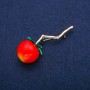 Cherry Tomato on a Twig Brooch, red bead, green enamel, gold-tone metal 22x61mm