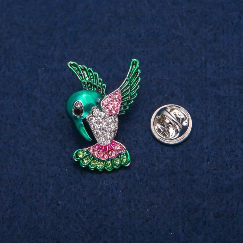 Hummingbird Brooch, Colourful Enamel and Rhinestones, Silver-tone Metal, 23x31mm