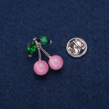 Cherries Brooch with Cat's Eye Beads and Crystals, silver-tone metal 16x21mm