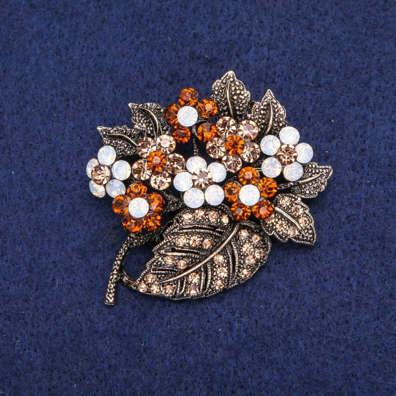 Flower Twig Brooch with Rhinestones, Gold-Tone Metal 43x50mm