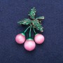 Brooch Pendant Cherries with pink Cat's Eye beads and green enamel 35x60mm