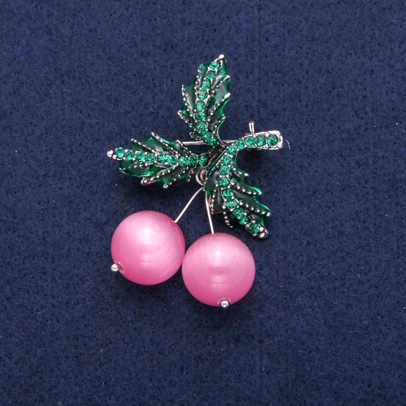Brooch Pendant Cherries with pink Cat's Eye beads, green enamel and rhinestones, silver metal 33x48mm