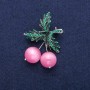 Brooch Pendant Cherries with pink Cat's Eye beads, green enamel and rhinestones, silver metal 33x48mm