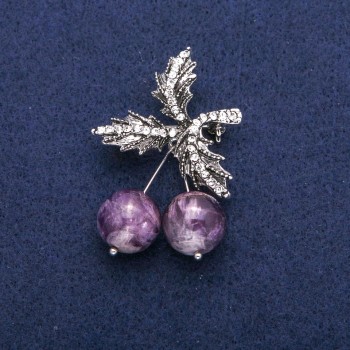 Brooch Pendant Cherry Beads Amethyst and White Crystals, Silver Metal 33x48mm