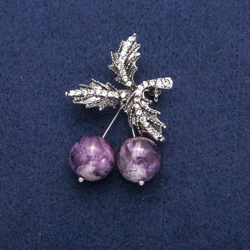 Brooch Pendant Cherry Beads Amethyst and White Crystals, Silver Metal 33x48mm