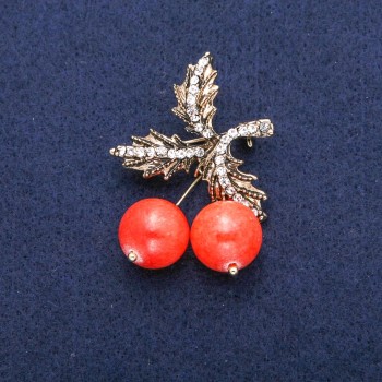Cherries Brooch Pendant with Heliolite (Imitation) Beads and Rhinestones, Gold-Tone Metal 33x48mm