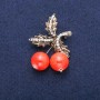 Cherries Brooch Pendant with Heliolite (Imitation) Beads and Rhinestones, Gold-Tone Metal 33x48mm