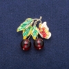 Berries and Butterfly Brooch Pendant with Garnet (Imitation) Beads and Enamel, Gold-Tone Metal 39x40mm