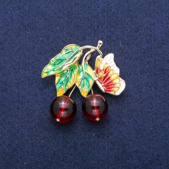 Berries and Butterfly Brooch Pendant with Garnet (Imitation) Beads and Enamel, Gold-Tone Metal 39x40mm