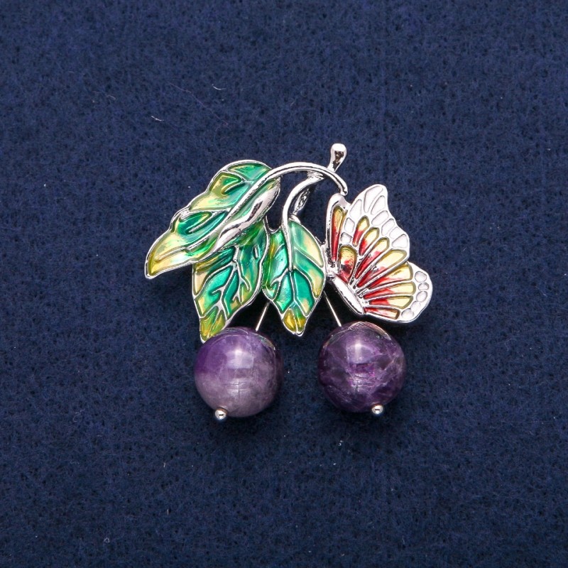 Berries and Butterfly Brooch Pendant with Amethyst Beads and Enamel, Silver-Tone Metal 39x40mm
