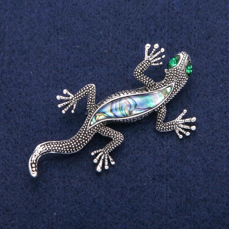 Brooch Gecko with Pearl Halotís and green crystals, silvered metal 34×67mm