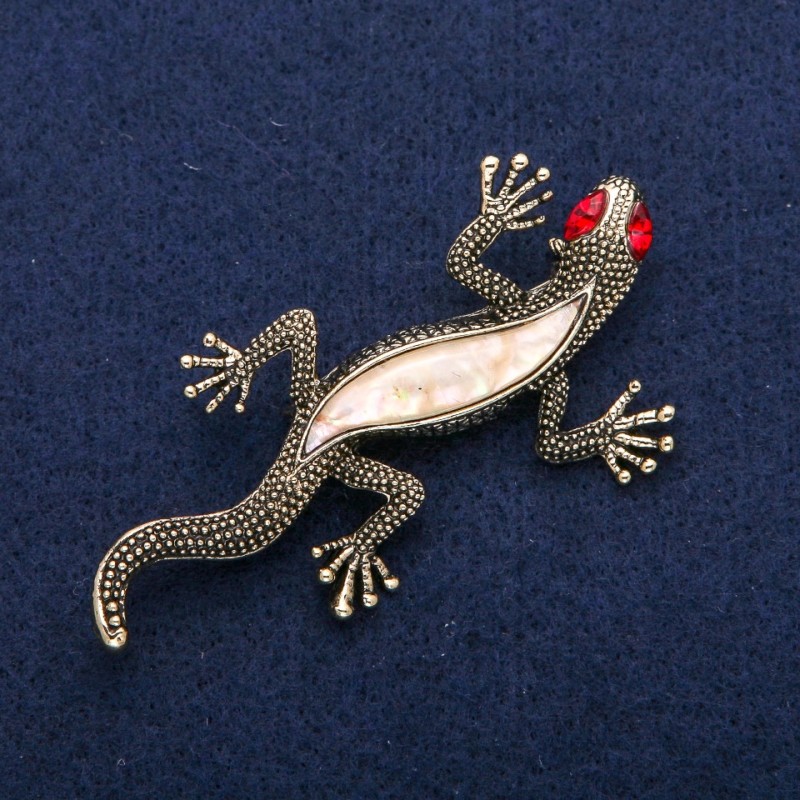 Lizard Brooch with Mother-of-Pearl and Red Crystals Gold-Tone Metal 34x67mm