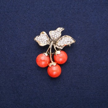 Cherries Brooch with Beads and White Crystals, Gold-Tone Metal, 38x45mm