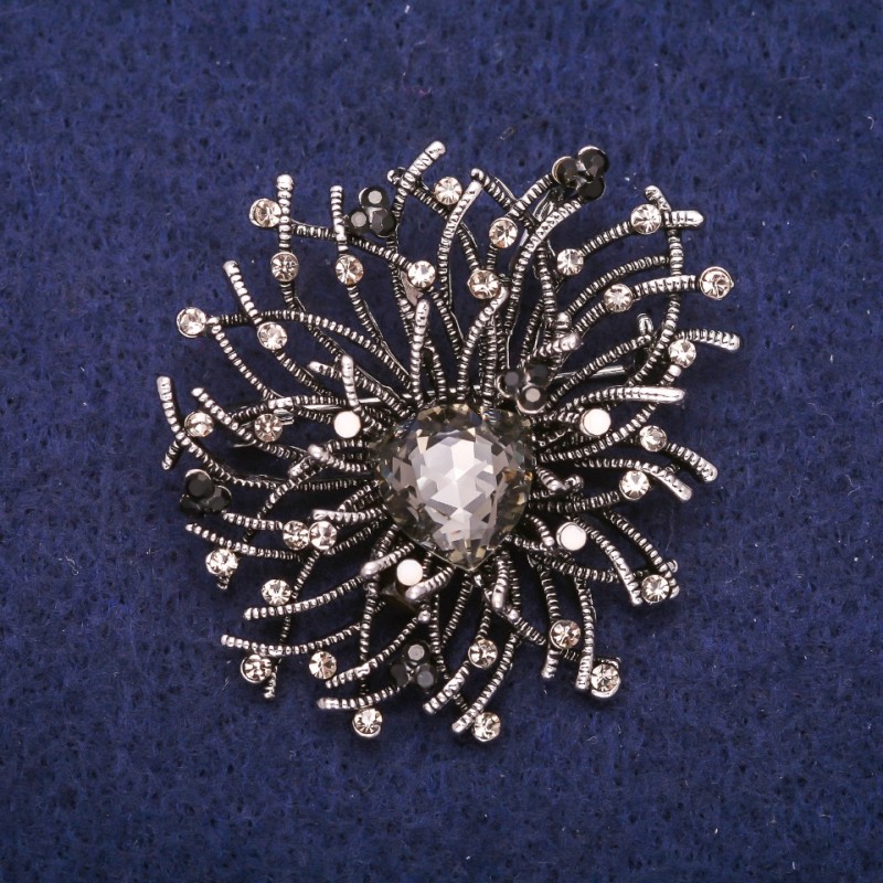 Accent Brooch with Rhinestones and Stone, Grey/Black/White, 44x47mm, Silver-Tone Metal