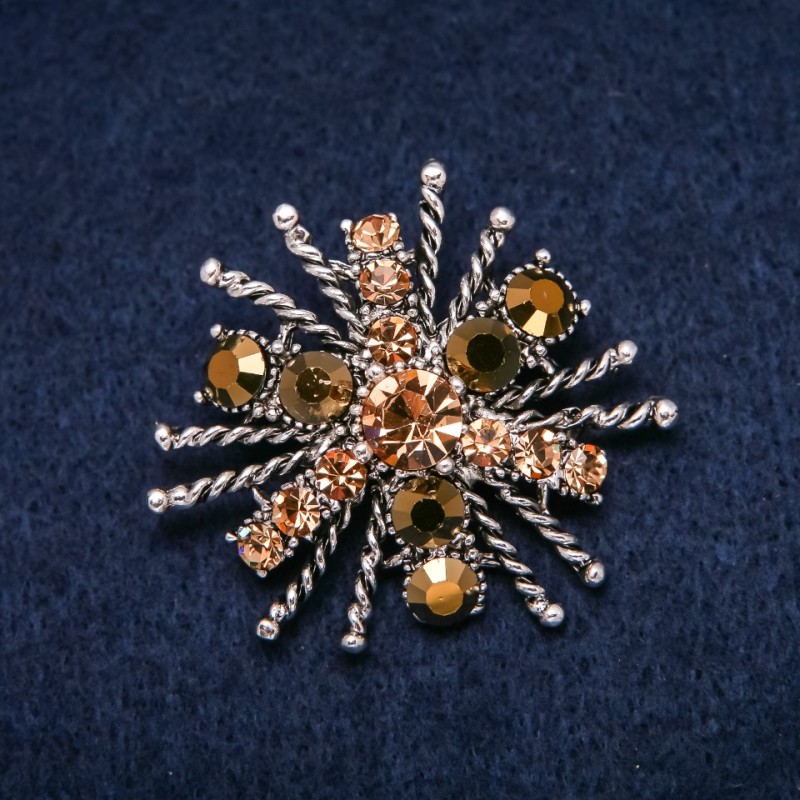 Brooch Order of Beauty 45x40mm rhinestones colour yellow silver metal