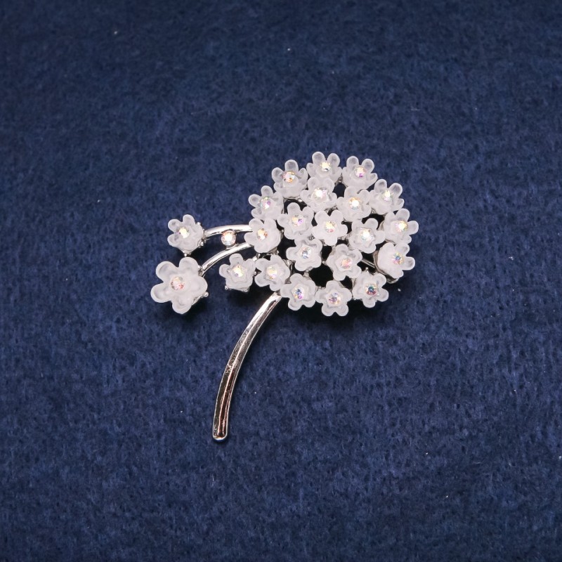 Little Flower Brooch, 52x40mm, White Crystals, Silver-Tone Metal