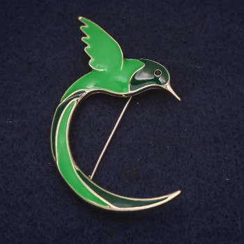 Bird Brooch, Green Enamel, Gold-tone Metal, 35x55mm