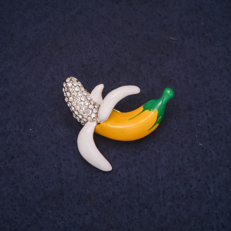Banana Fruit Brooch, 28x25mm, Crystals, Enamel, White Yellow Green, Silver-Tone Metal