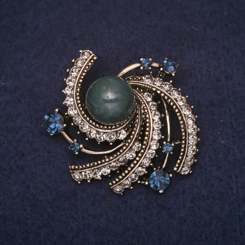 Brooch Accent with Apatite stone rhinestones colour white blue gold metal