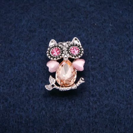 Owl Brooch: Cat's Eye, Pink Crystals, Silver Metal, 19x28mm