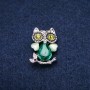 Owl Brooch with Cat's Eye Stone and Green Crystals, Silver-Tone Metal 19x28mm